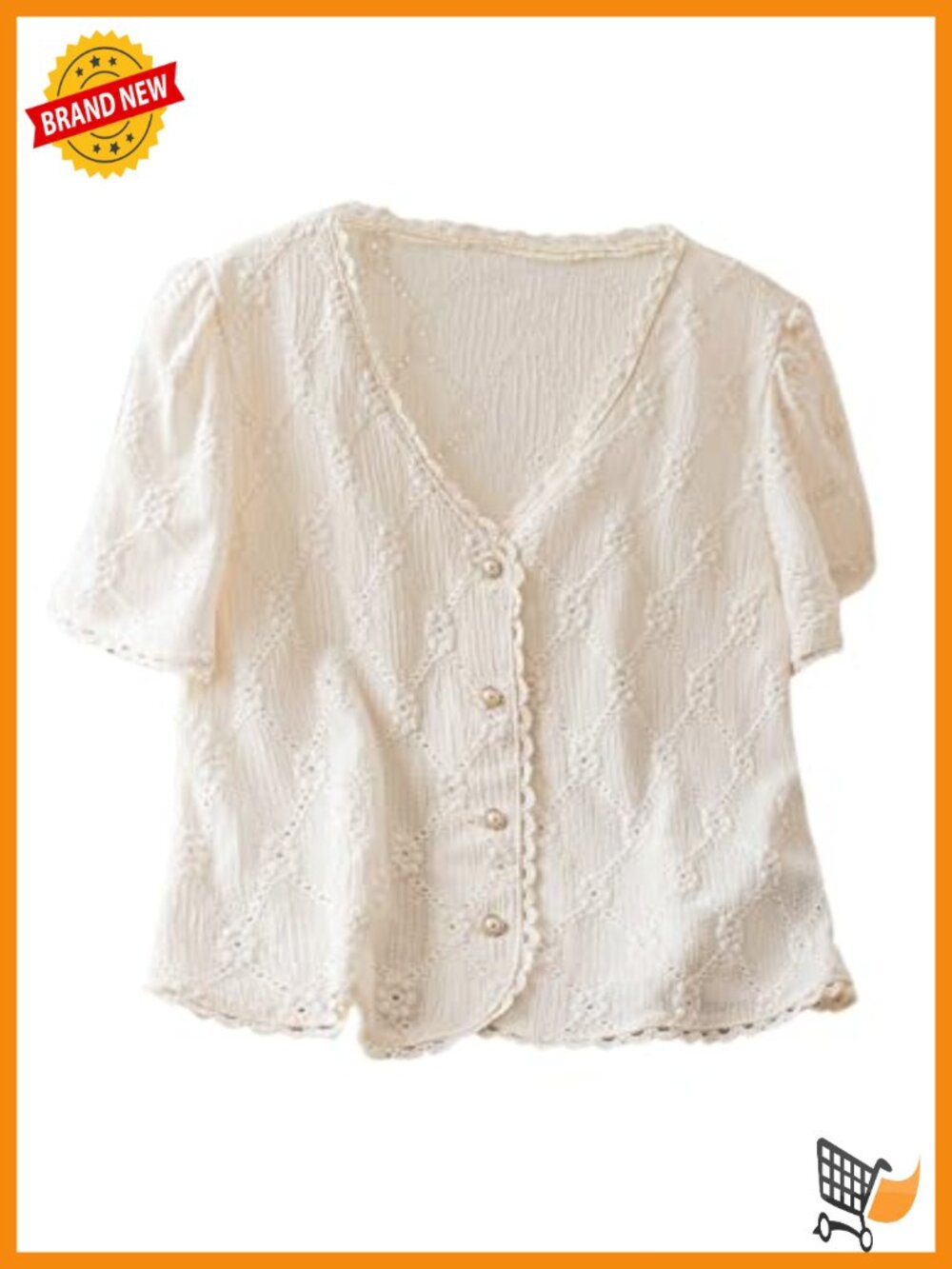 Floral Embroidered Button Down Blouse Frill Trim Puff Sleeve V Neck Top